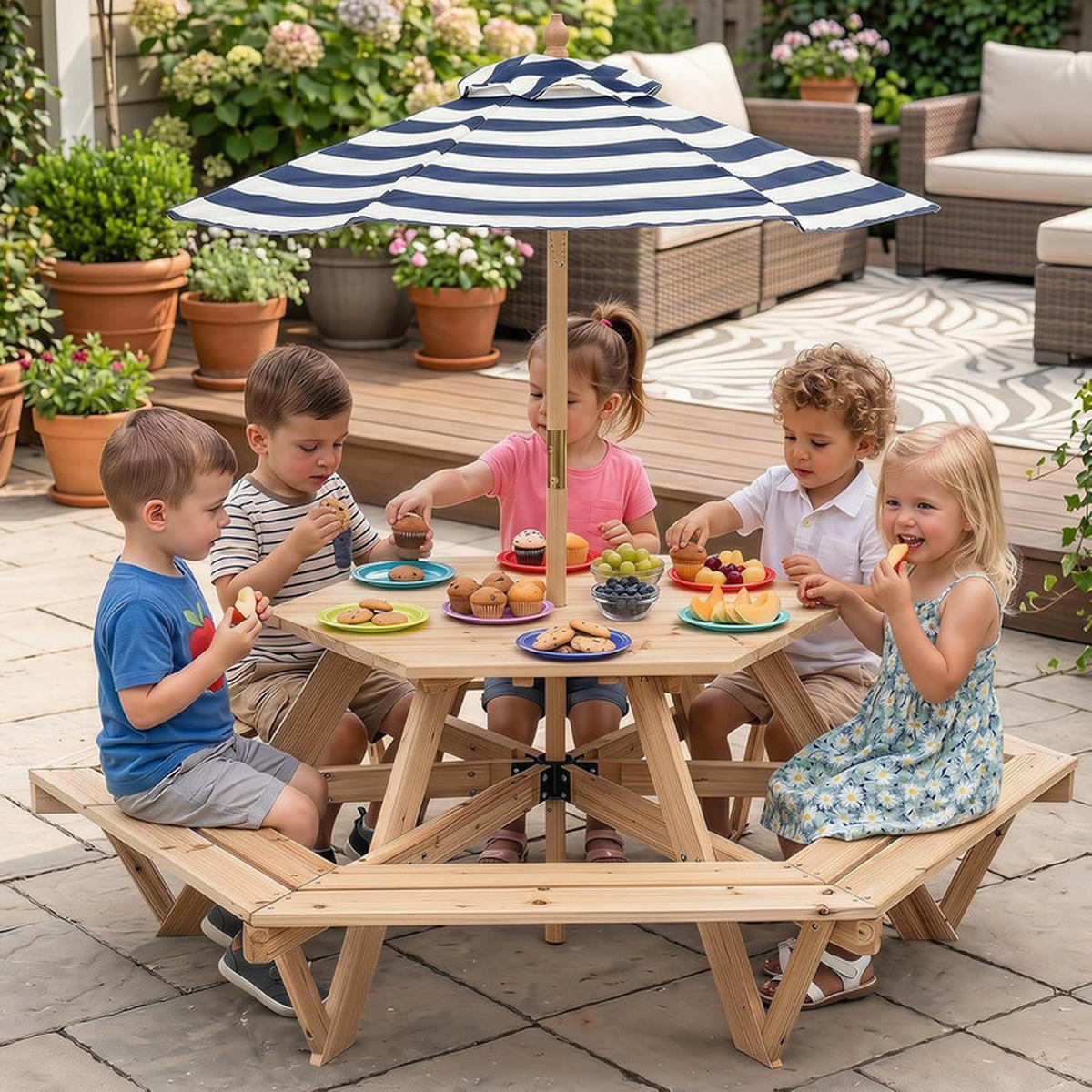 KINDER OUTDOOR-SITZGRUPPE mit Sonnenschirm natur - Naturfarben, Holz - COSTWAY