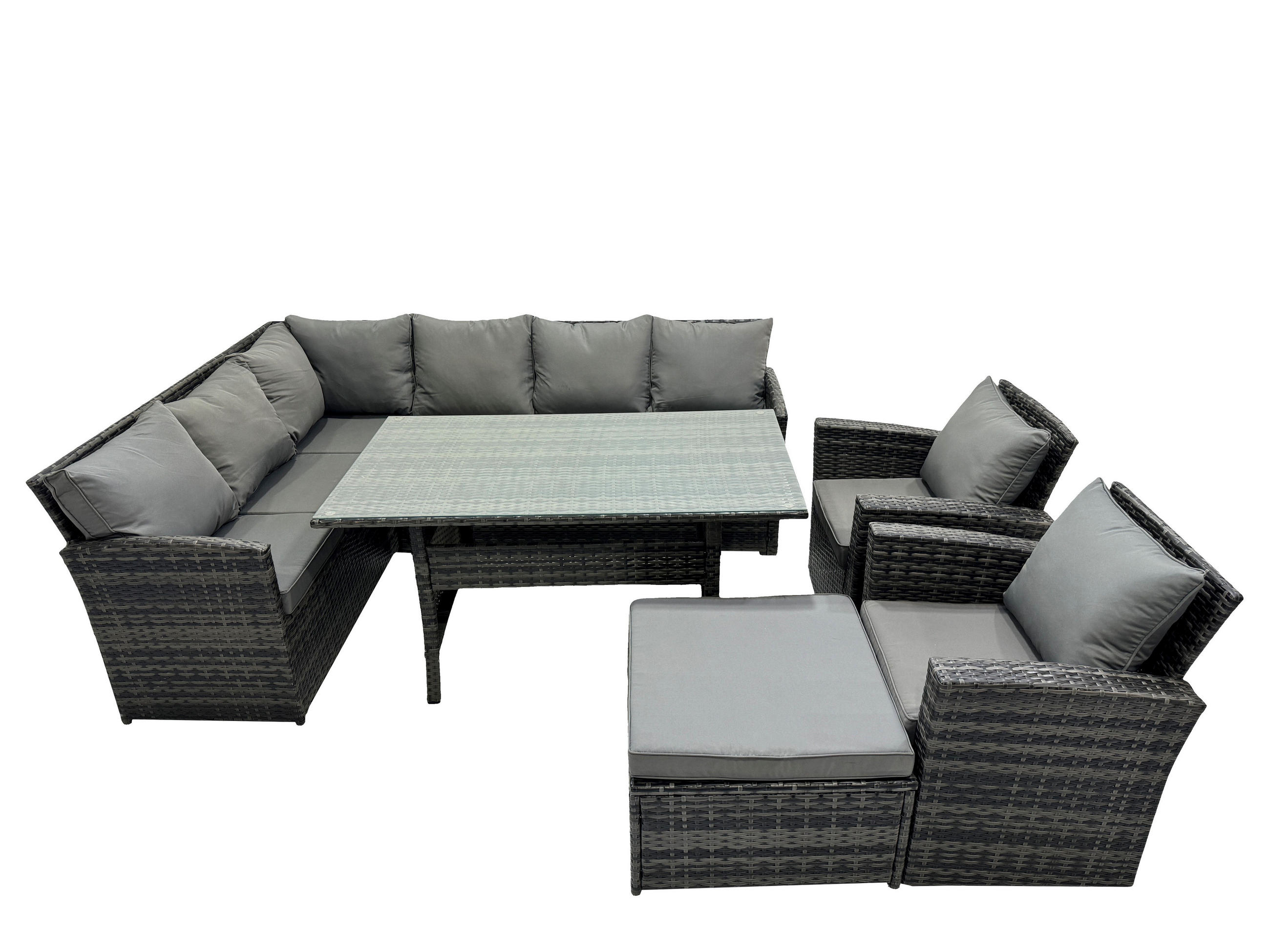 SITZGRUPPE mit Esstisch,Fußhocker,2 Stuhl Polyrattan Dunkelgrau 9-Sitzer - Dunkelgrau/Grau, Glas/Kunststoff - Fimous