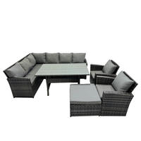 SITZGRUPPE mit Esstisch,Fußhocker,2 Stuhl Polyrattan Dunkelgrau 9-Sitzer - Dunkelgrau/Grau, Glas/Kunststoff - Fimous