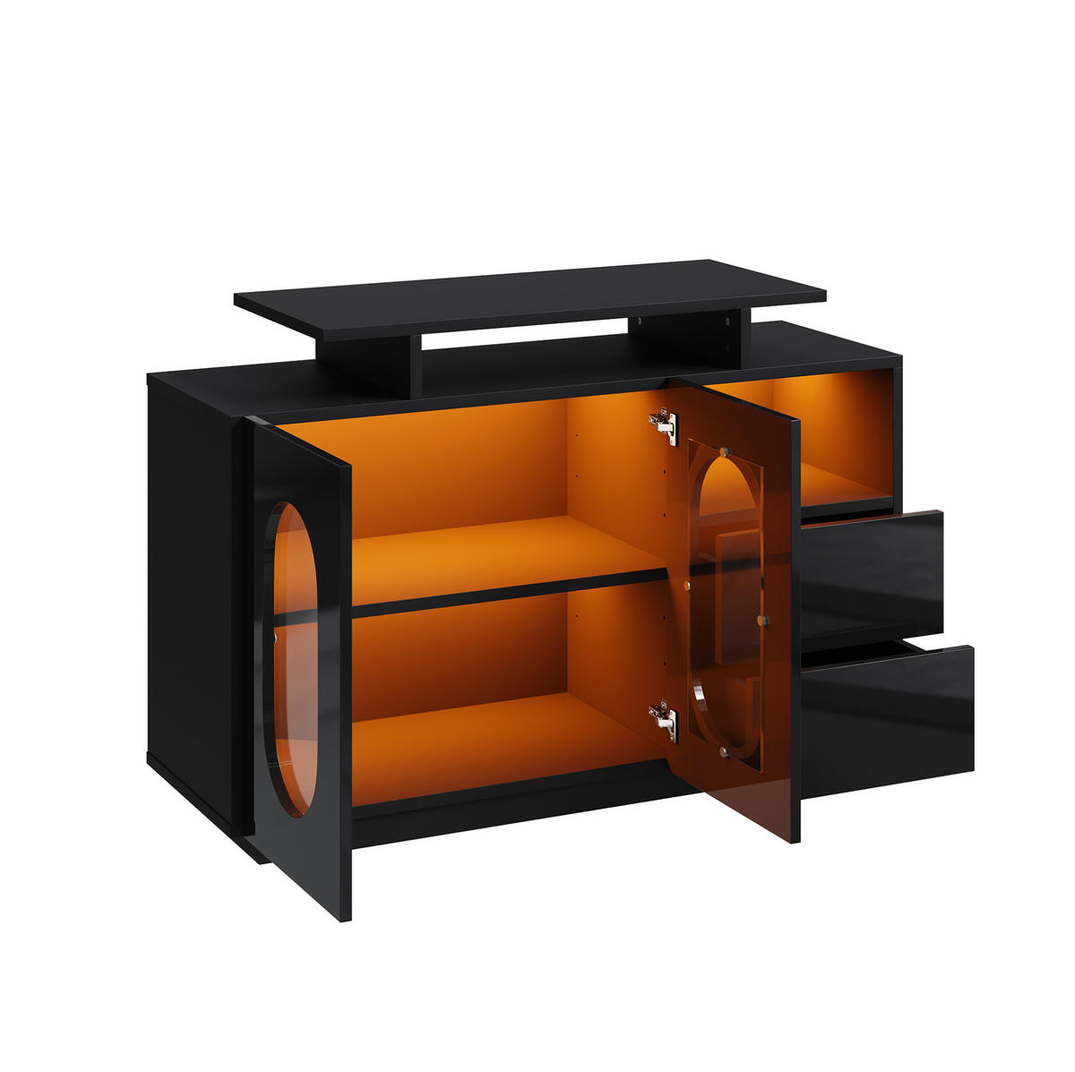 SIDEBOARD aus Holzwerkstoff 120x40x80 cm Schwarz mit LED-Beleuchtung, Glasvitrine und verstellbaren Einlegeböden - Schwarz, Holzwerkstoff (120/80/40cm) - Modfu