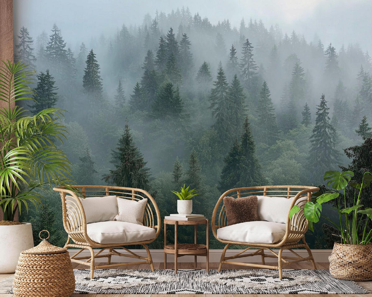 FOTOTAPETE Wald Nebel 3D Effekt Natur Wohnzimmer 350x250 - Multicolor, Papier (350/250cm) - Wallarena