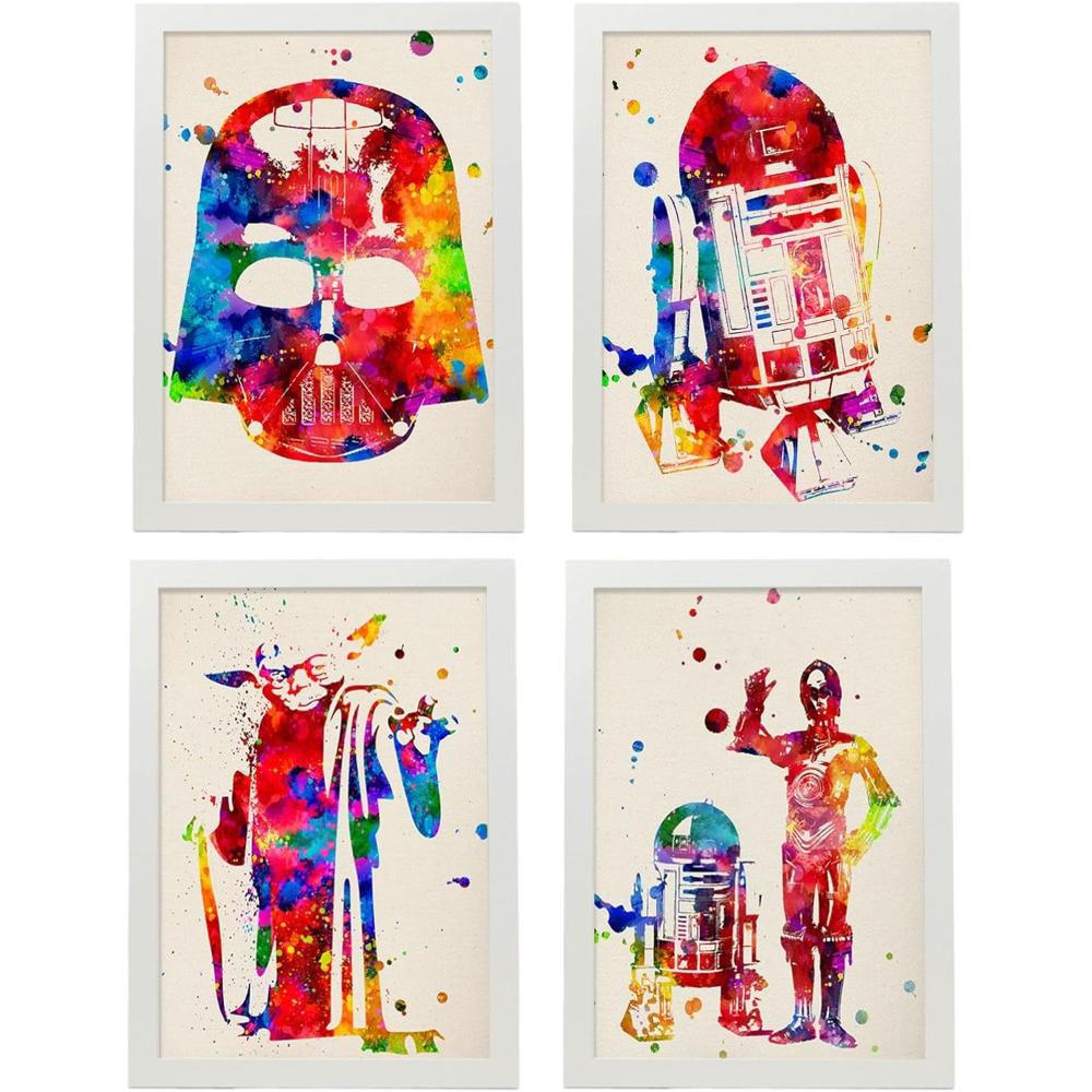 POSTER Set mit 4 Star Wars Film Darth Vader, Yoda, R2D2 und C3PO A4 Weißer Rahmen - Weiß, Papier (29.7/3cm) - Nacnic