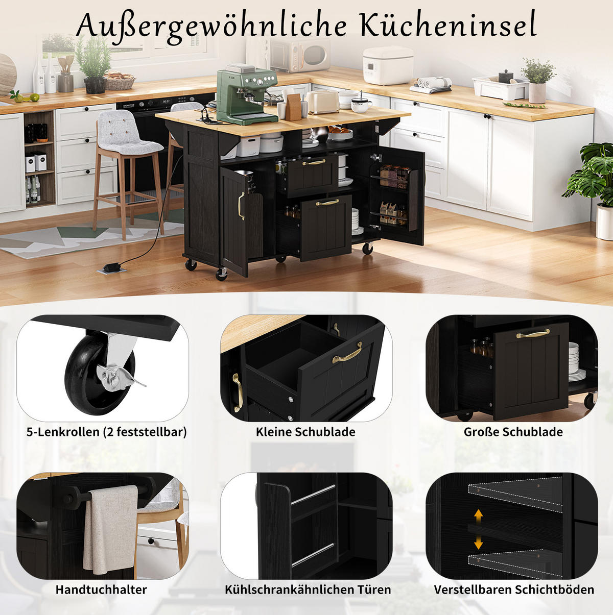 KÜCHENINSEL 120/40-60-80/92 cm mit klappbarer Tischplatte, Steckdosenleiste und Rollen aus MDF, Schwarz/Natur - Schwarz, Holzwerkstoff (120/92/80cm) - Redom