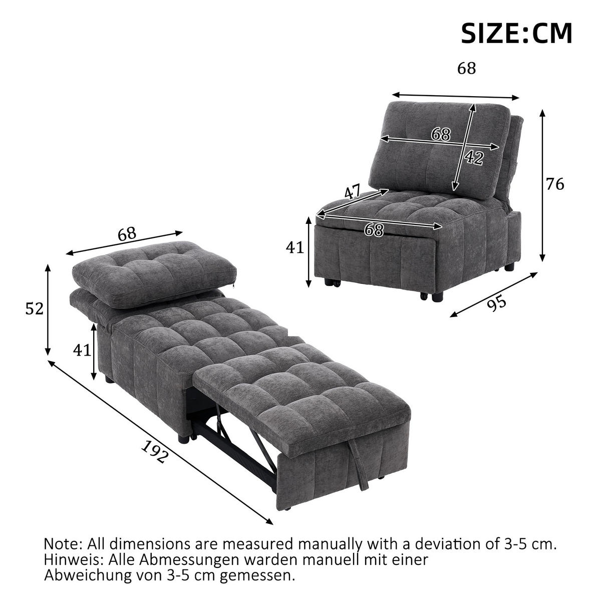 SCHLAFSESSEL aus Stoff, Verstellbare Rückenlehne, Grau - Grau, Textil (95/76/68cm) - Urban Meuble