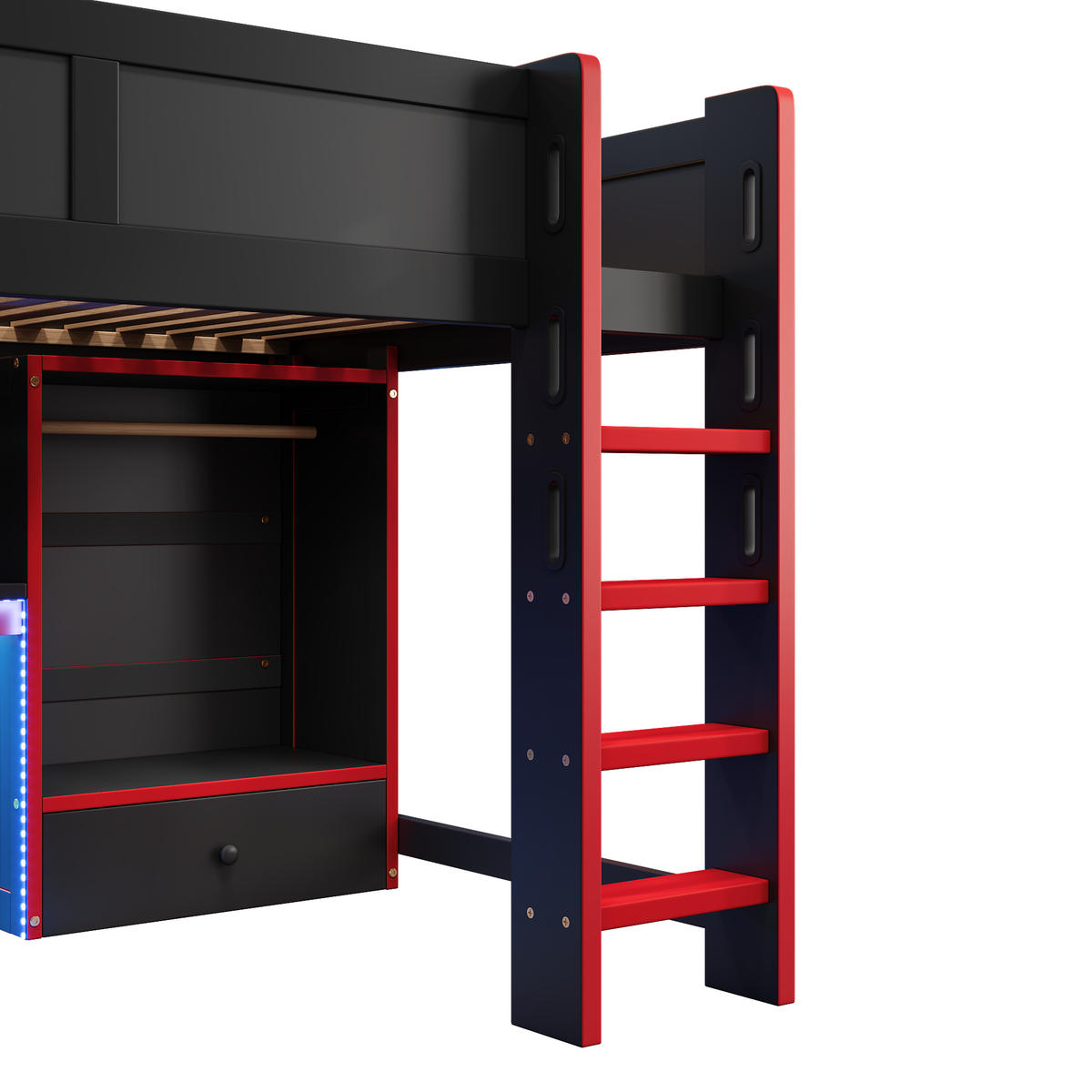 HOCHBETT aus Kiefernholz 140x200 cm in Schwarz-Rot mit LED & Schreibtisch - Schwarz, Holz (140/200cm) - Modfu