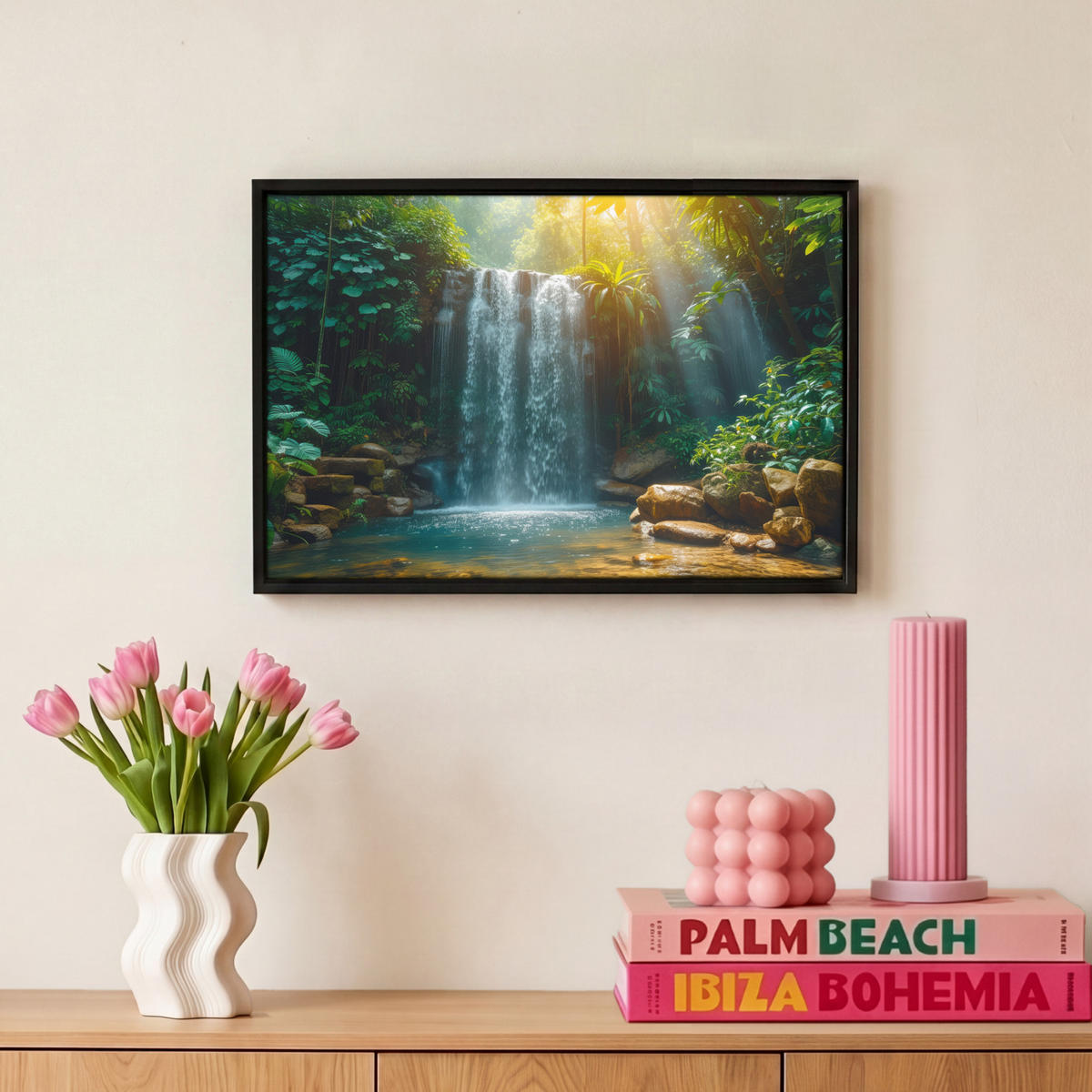 LEINWAND Bilder mit Rahmen - Wasserfall - Dschungel - Sonne - Grün - Natur - 30x20 - Grün, Textil (30/20cm) - MuchoWow
