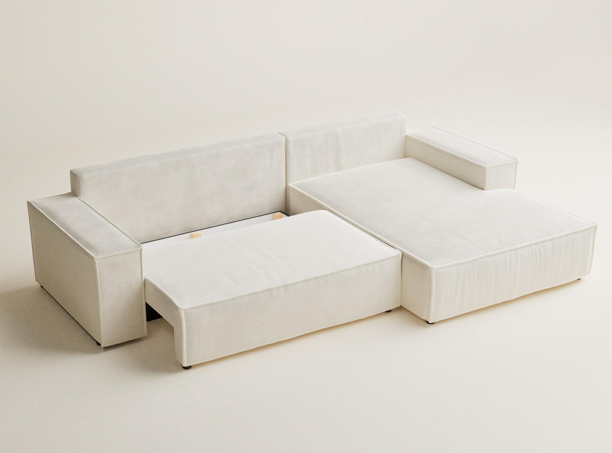 ECKSOFA Maze Creme Chenille-Stoff - Rechts Seite - Creme/Schwarz, Holz/Holzwerkstoff (294/185cm) - Maison de Reve