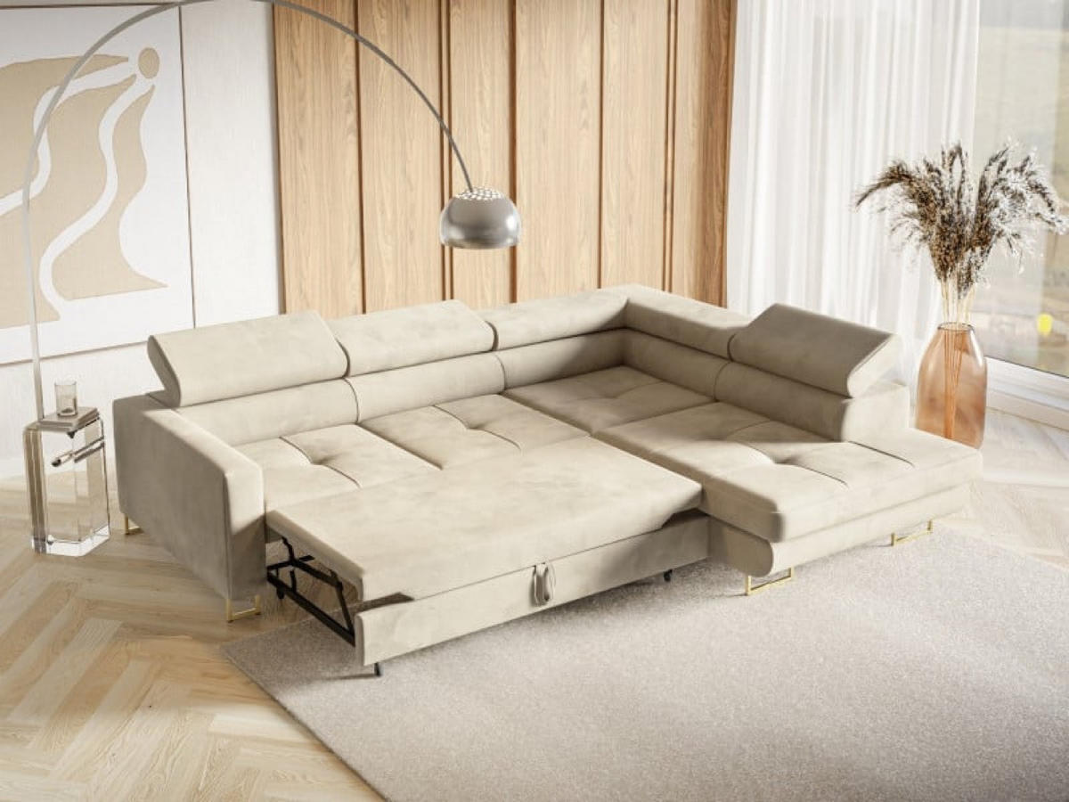ECKSOFA Gold MERY Mit Verstellbaren Kopfstützen Rechts Ausziehbar - Ecru/Goldfarben, Textil (200/250cm) - Sepro Meble