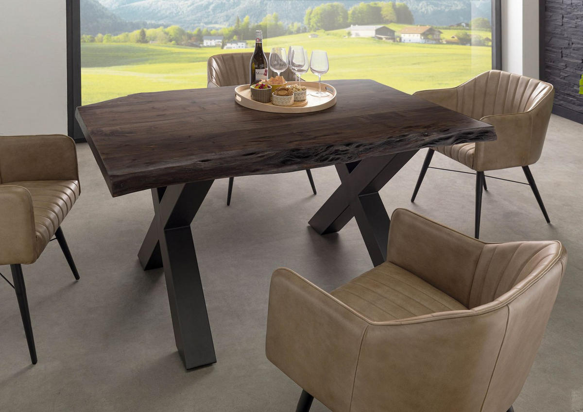 BAUMTISCH Akazie 140x90x77 grau lackiert / X-Beine anthrazit matt FREEFORM 5 - Anthrazit/Grau, Holz (140/90/77cm) - Massivmoebel24