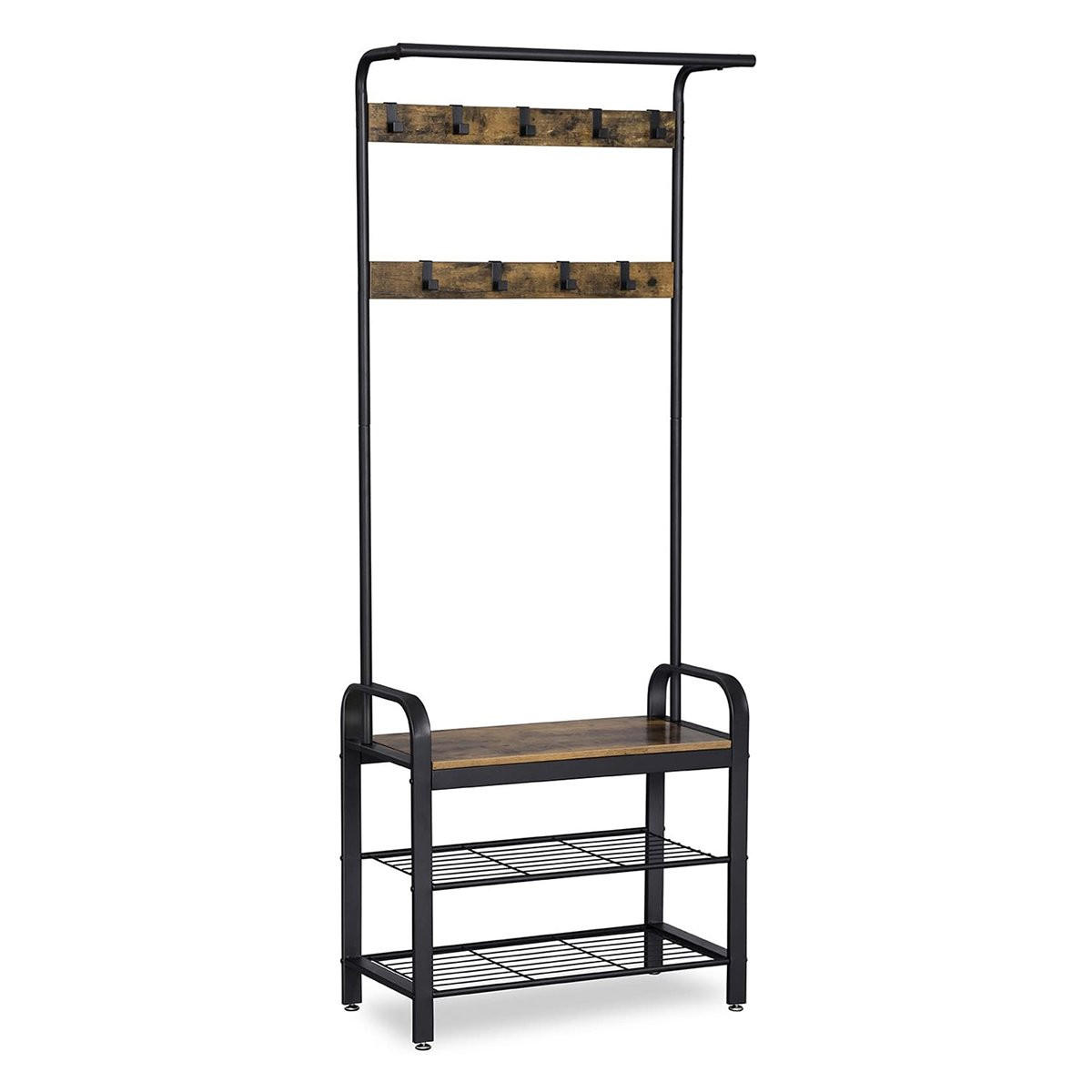 GARDEROBENSTÄNDER mit 9 Haken und Schuhbank - L72 cm - Braun, Holzwerkstoff (33.7/183/72cm) - Calicosy