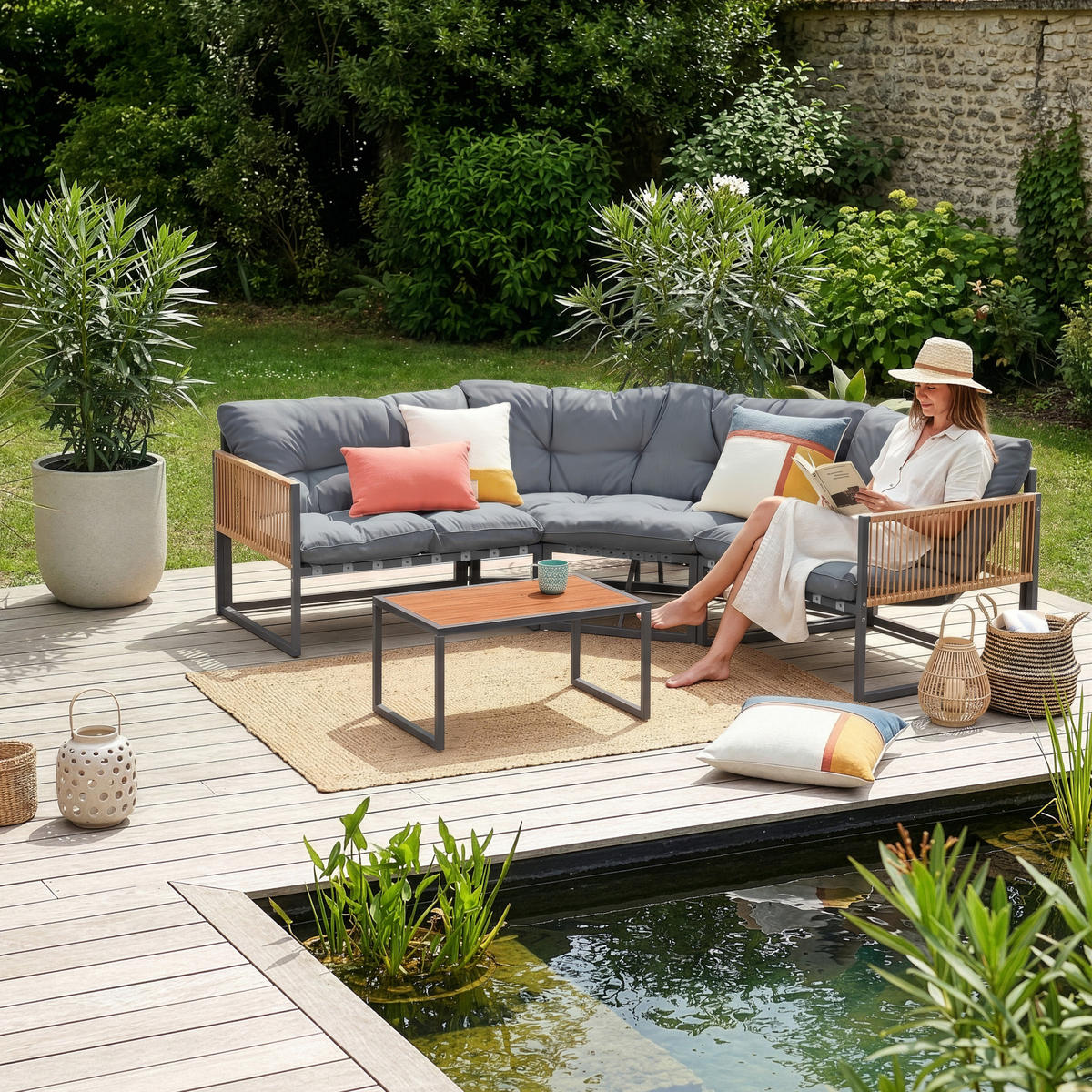 GARTENMÖBEL-SET 4 TLG. Karg - Dunkelgrau/Eichefarben, Kunststoff/Metall - casa.pro