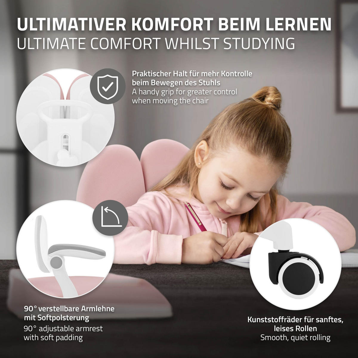 KINDERSCHREIBTISCHSTUHL Rosa 95-107 cm aus Polyester - Pink/Weiß, Kunststoff/Textil (53/107/53cm) - ML-DESIGN
