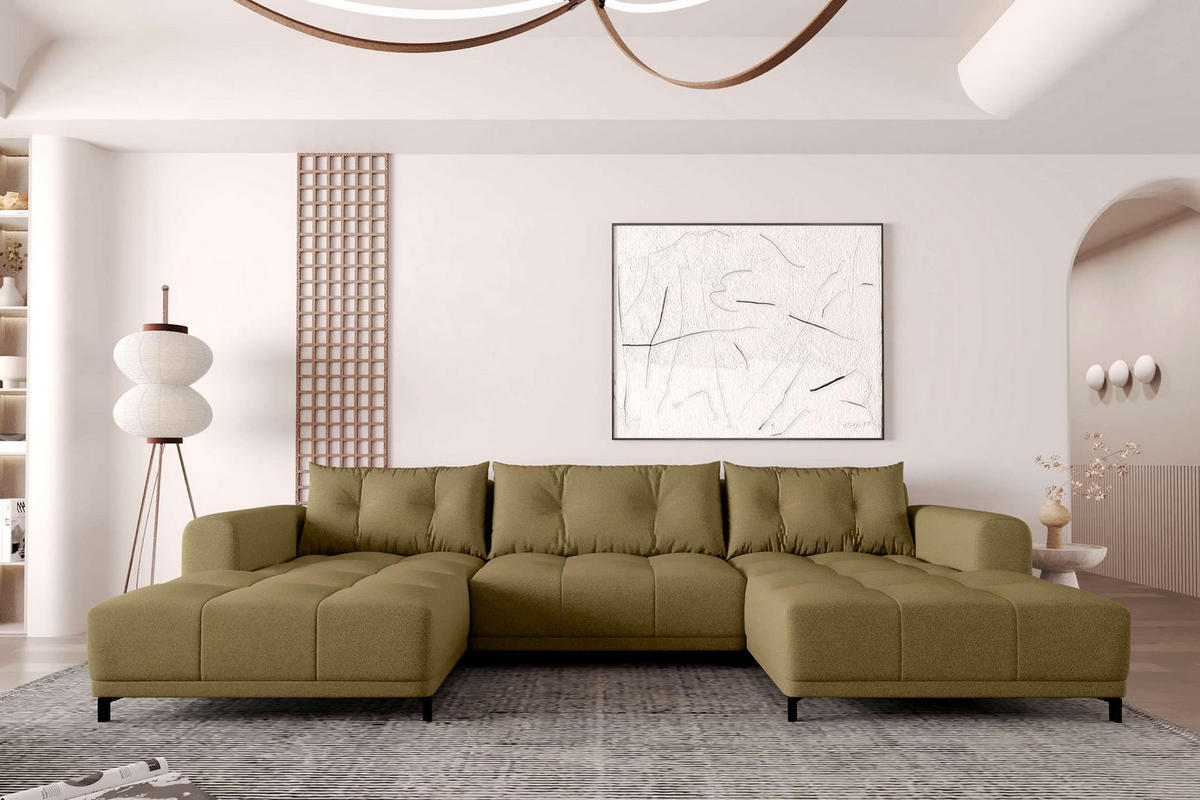 WOHNLANDSCHAFT Strukturstoff Khaki inkl. Schlaffunktion - Schwarz/Olivgrün, Textil/Metall (348/94/181cm) - 99rooms