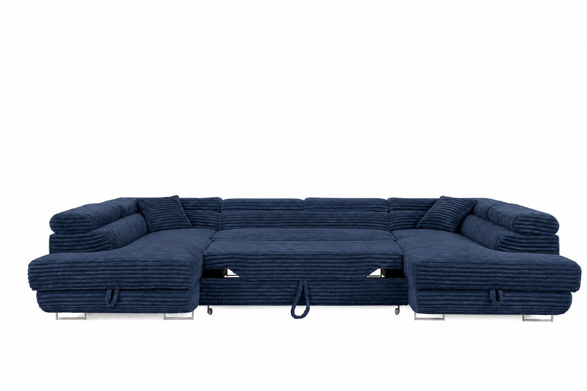 WOHNLANDSCHAFT GUSTAW U 2 Bettkästen, Kopfstützen, Dunkelblau - Dunkelblau, Textil (340/90/205cm) - KS Home Concept