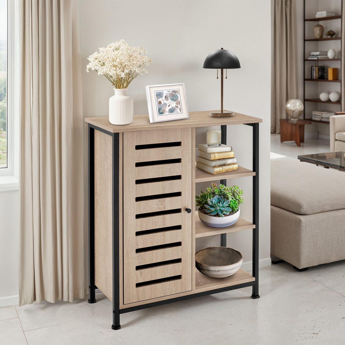 SIDEBOARD ,mit höhenverstellbaren Kunststofffüßen, 70 x 32 x 82 cm,Industrial Holz hell, Eiche Sonoma - Naturfarben, Holzwerkstoff (32/82/71cm) - tectake