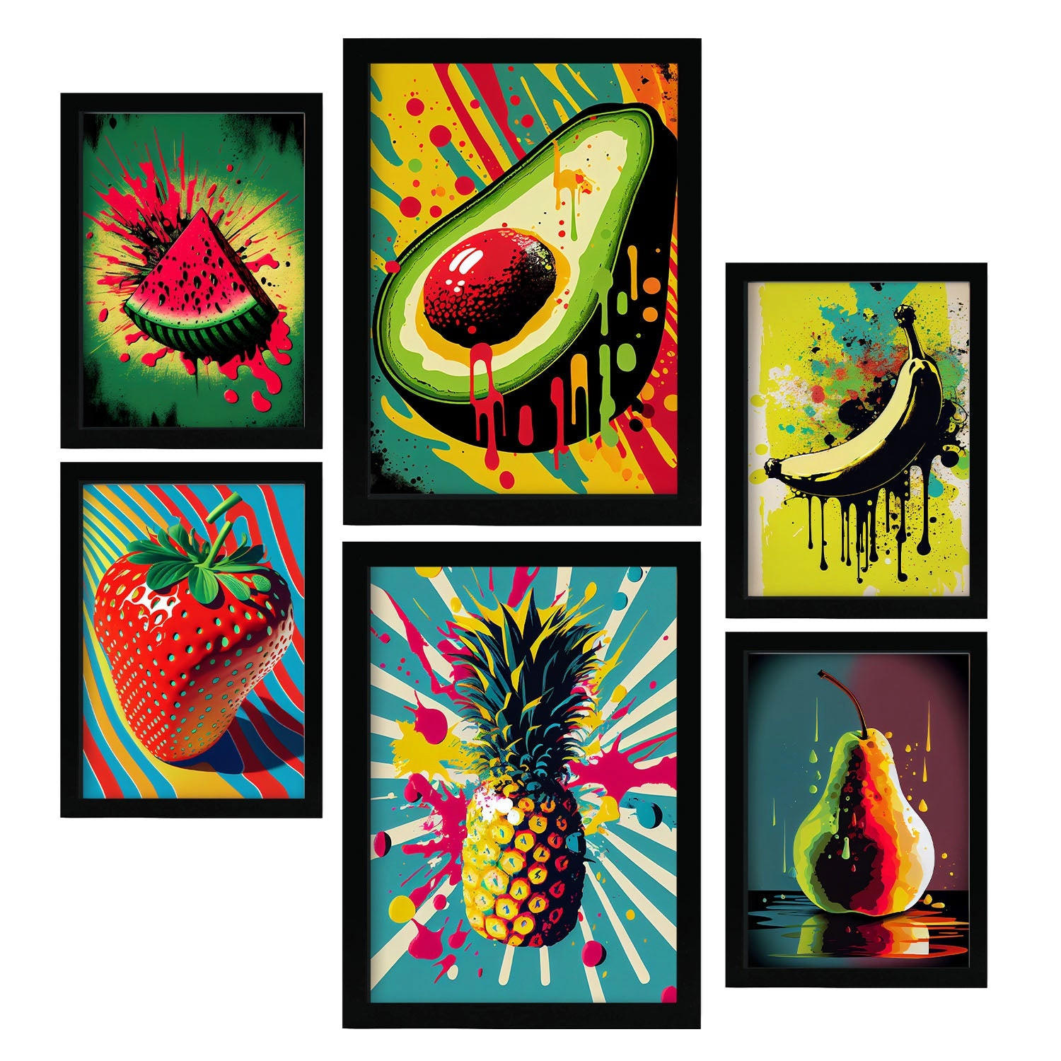 POSTER Set Mit 6 Tropische Früchte Vollfarbige Plakate Von Obst, Gemüse Und Gesunden Lebensmitteln Im Urban Art Stil A3 & A4 Schwarzer Rahmen - Schwarz, Papier (29/3cm) - Nacnic