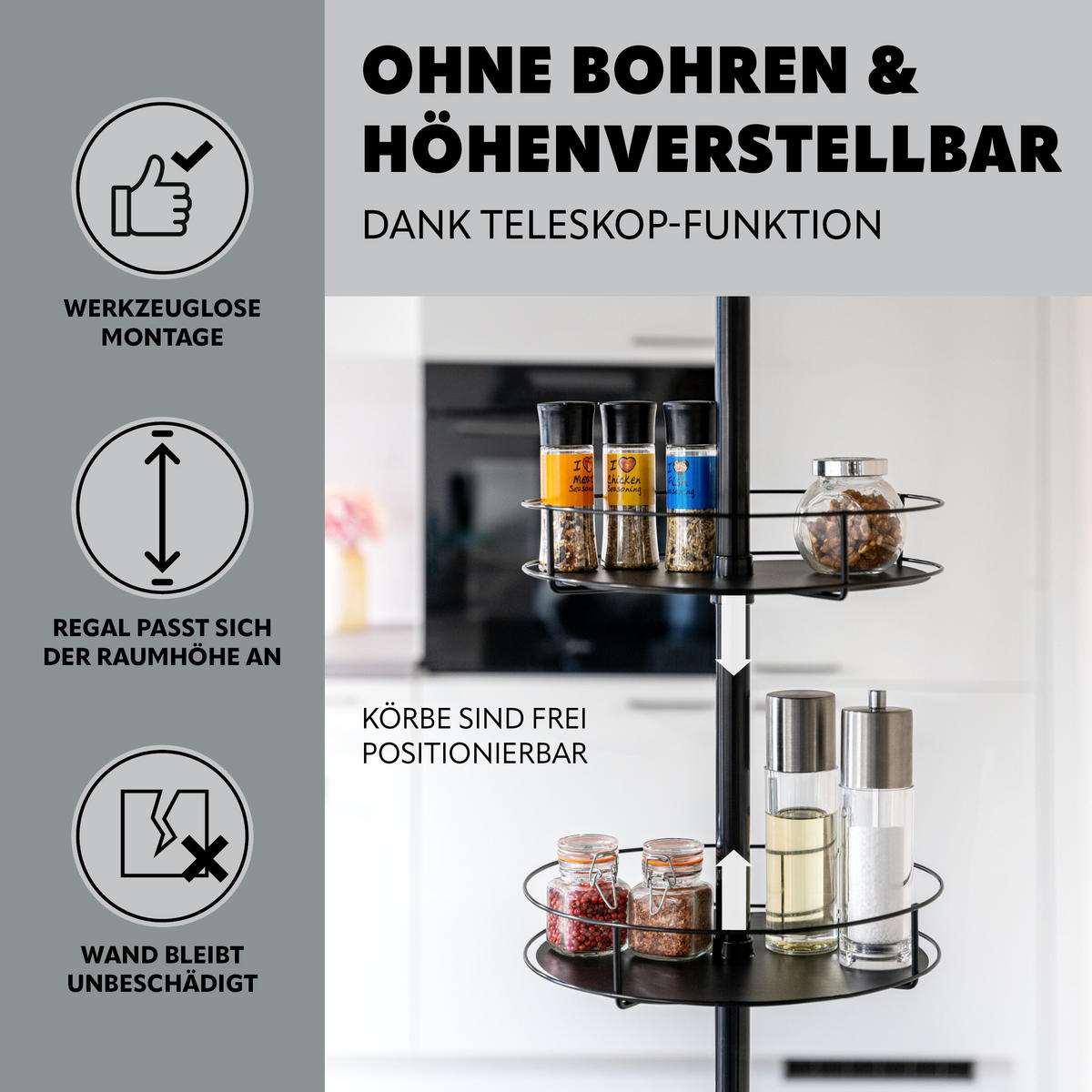 TELESKOP-KÜCHENREGAL, ausziehbar bis max. 290 cm, Metall, schwarz - Schwarz, Metall (31.5/290/31.5cm) - bremermann