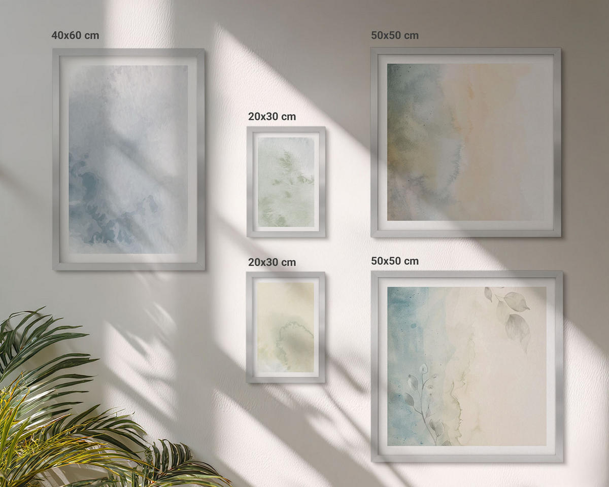 BILDER SET 5er Set - 50x50 cm & 20x30 cm & 40x60 cm Silberner Rahmen - Pastellfarbene Aquarell-Leinwandtextur - Silberfarben, Kunststoff (40/60cm) - TULUP