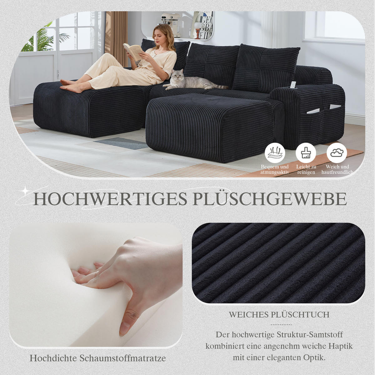 3-SITZER Wohnlandschaft Cord mit Getränkehalter und Aufbewahrungstasche 268/174/80 cm Schwarz - Schwarz, Textil (174/80/268cm) - Redom