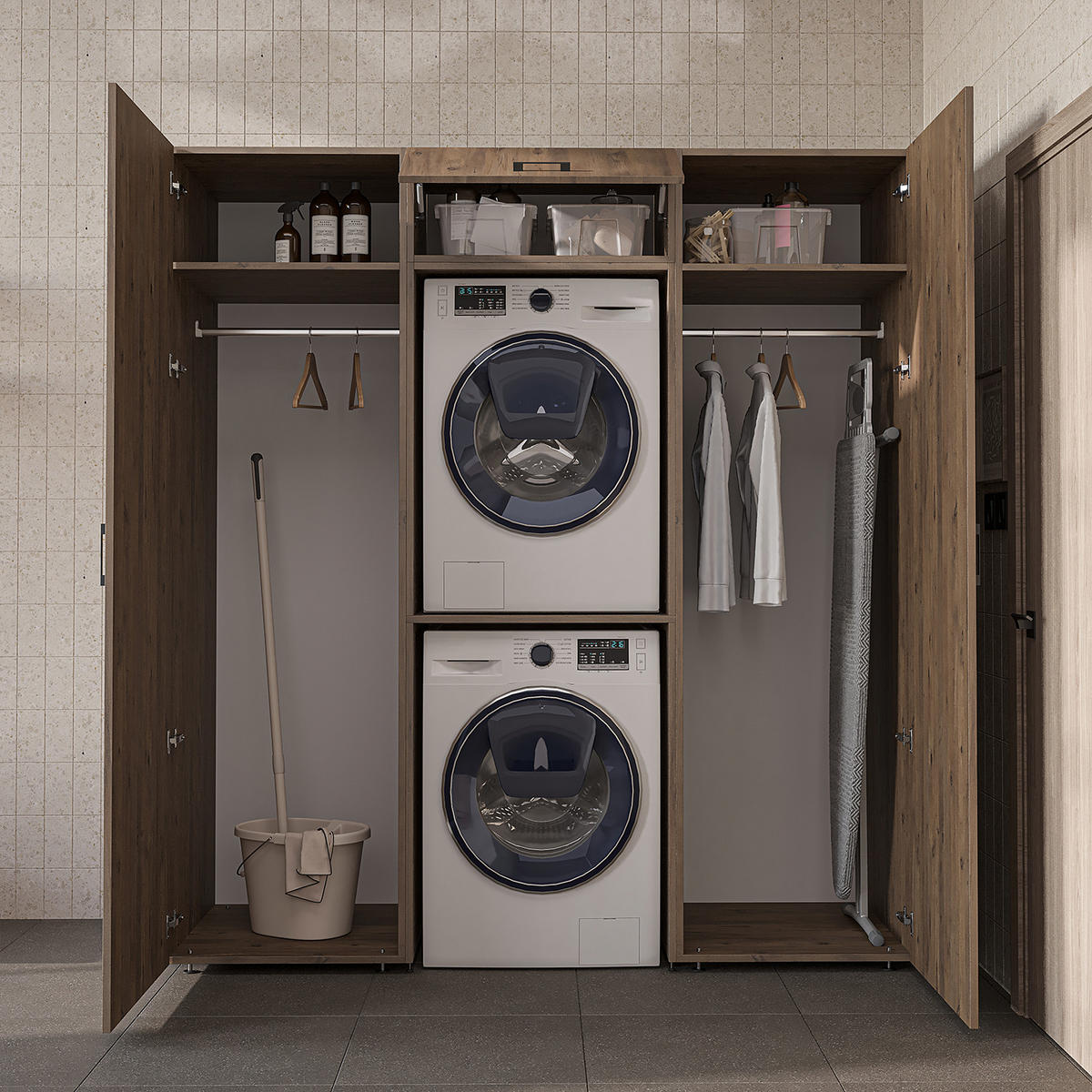 WASCHMASCHINENSCHRANK DUO-II 187cm Breit, 205cm Hoch - Eichefarben, Holzwerkstoff (187/205/67cm)