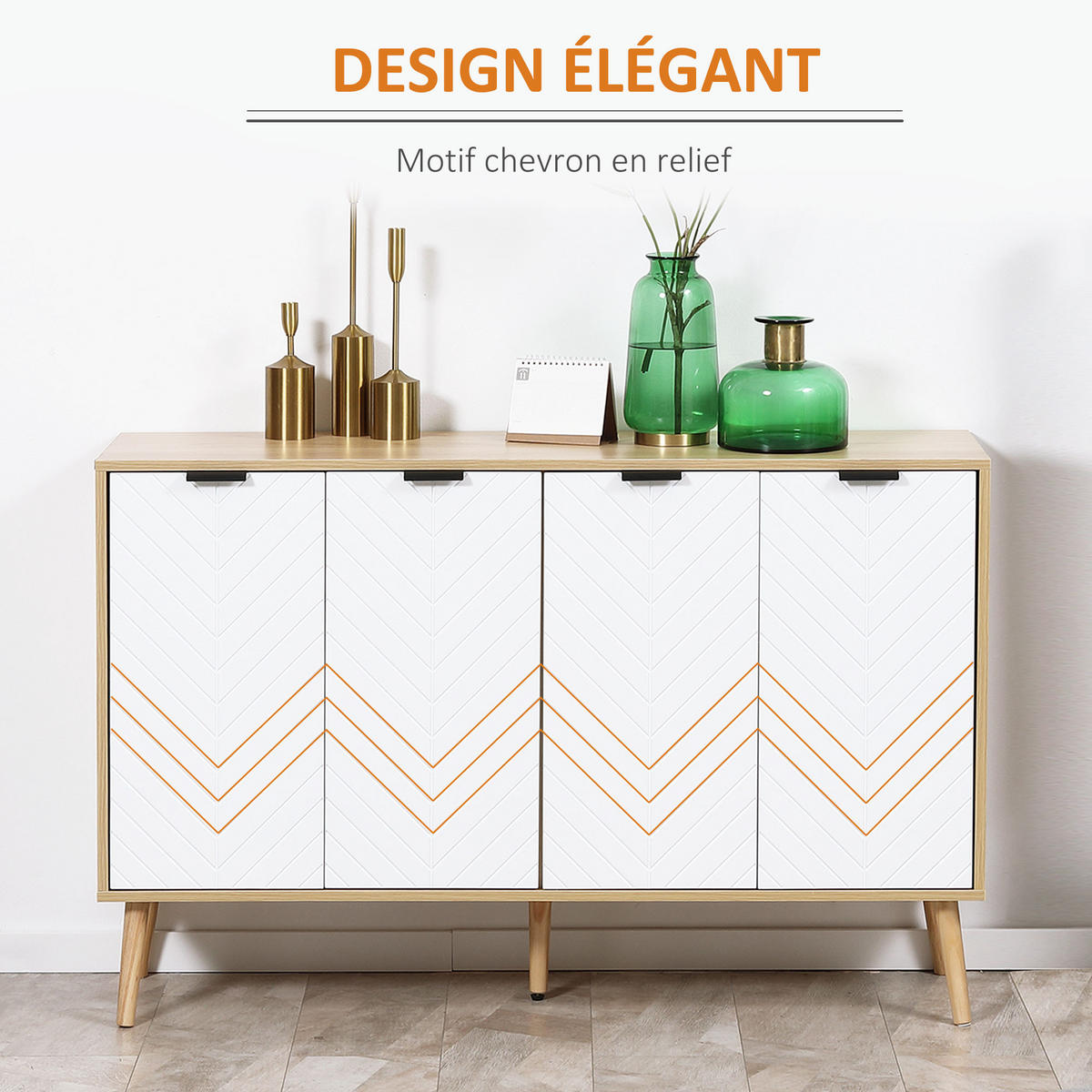 SIDEBOARD DE-11008 Chevron-Muster, 4 Türen & verstellbare Böden Weiß - Weiß, Holzwerkstoff (120/77.4/35cm) - ComfortXL