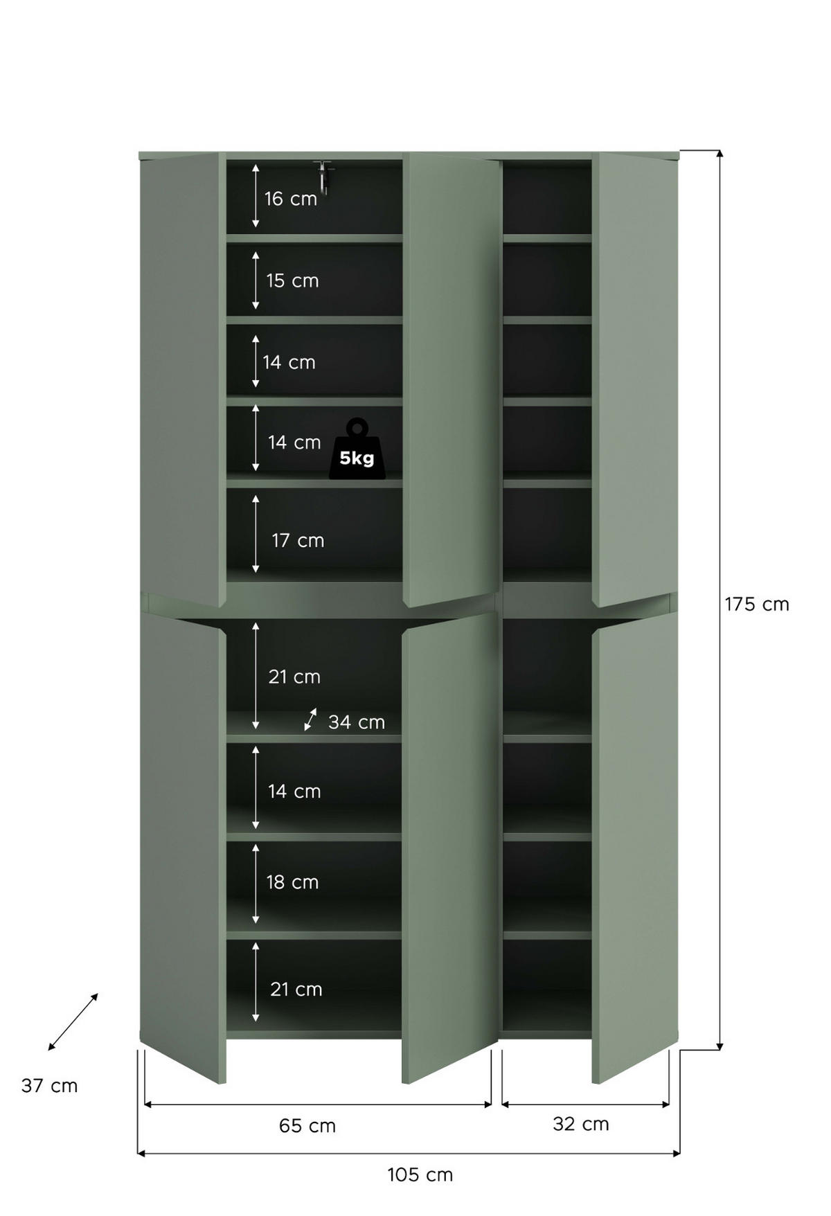 MEHRZWECKSCHRANK grün 105 x 175 cm, Stauraumschrank 6-türig mit 18 Fächern - Schwarz/Grün, Holzwerkstoff/Kunststoff (105/175/37cm) - Inn.Furn
