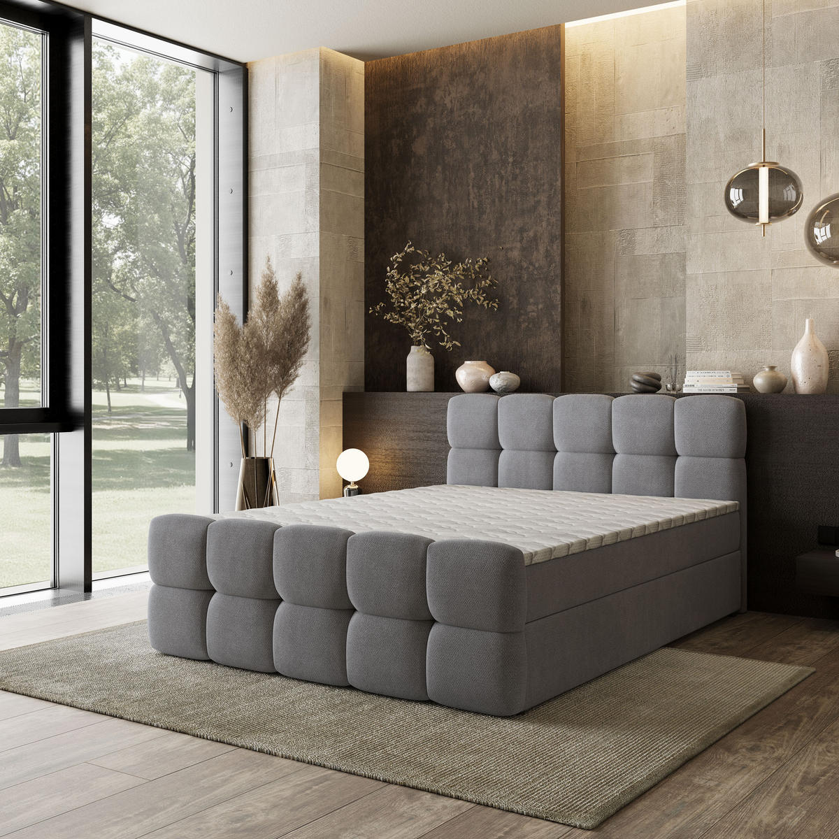 BOXBETT BRUME 180x200 cm mit Matratze und Topper, H2+H3 - Grau - Grau, Holz (180/200cm) - MASSENO