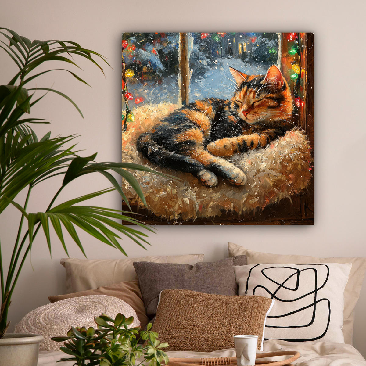 LEINWANDBILD Katze - Weihnachten - Winter - Tier 90x90 cm - Bernsteinfarben, Textil (90/90cm) - MuchoWow