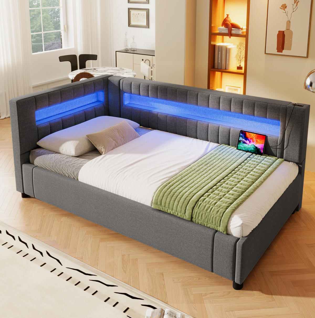 POLSTERBETT 90/200 cm Grau aus Leinen mit LED-Beleuchtung und Stauraum - Grau, Textil (90/200cm) - OKMYHOME