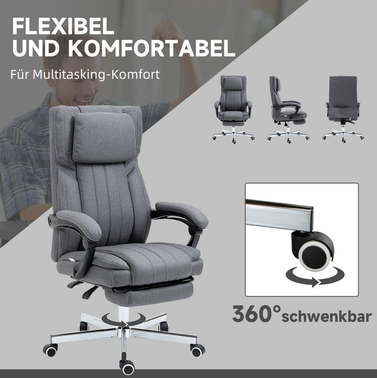 DREHSTUHL 65/61/105-113 cm grau aus Polyester mit Massagefunktion - Grau, Kunststoff (61/113/65cm) - OKWISH