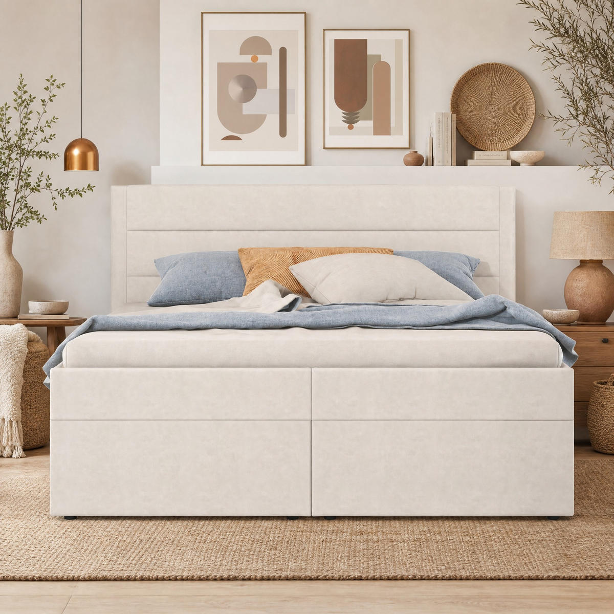 POLSTERBETT 140/200 mit Bettkasten, beidseitig hochklappbarem Lattenrost und Hubzylindern bis 181 kg in Beige - Beige, Holzwerkstoff/Textil (140/200cm) - EVRYAE