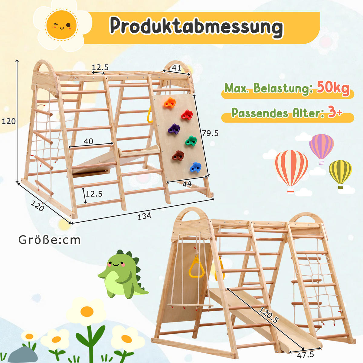 KLETTERGERÜST 7in1 Kinder Holz Rutsche Schaukel - Naturfarben, Holz (134/120cm) - Fortuna Lai