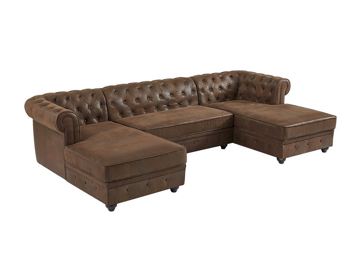 WOHNLANDSCHAFT & Hocker - Mikrofaser - Vintage-Leder-Optik - CHESTERFIELD - Braun, Textil (290/163cm) - Vente-Unique