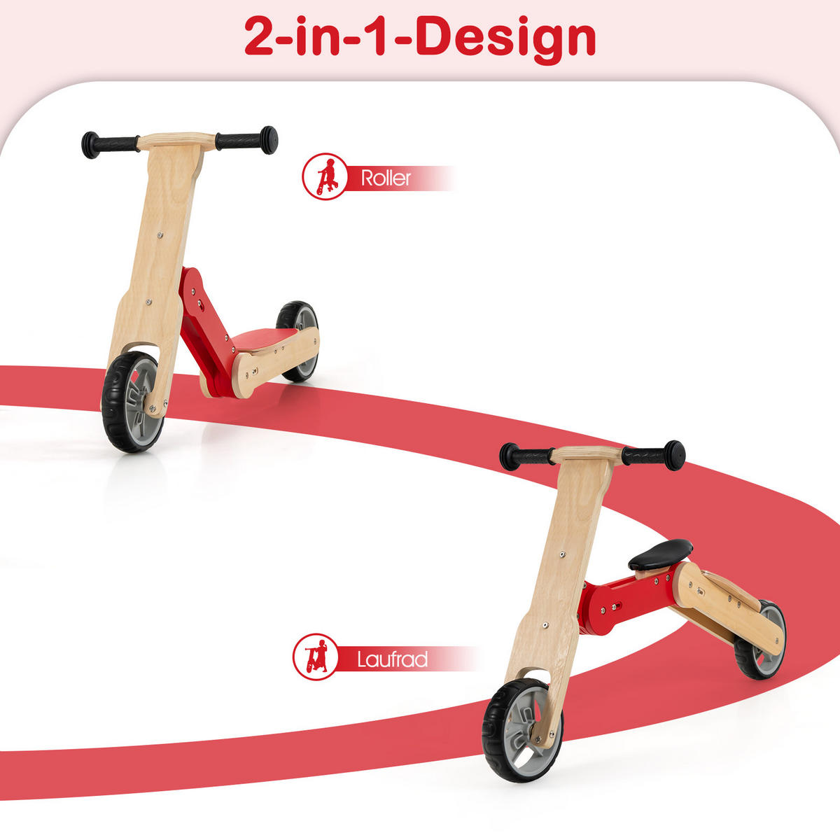KINDERROLLER umwandelbarer Rot - Rot, Holz (96/38/58cm) - COSTWAY