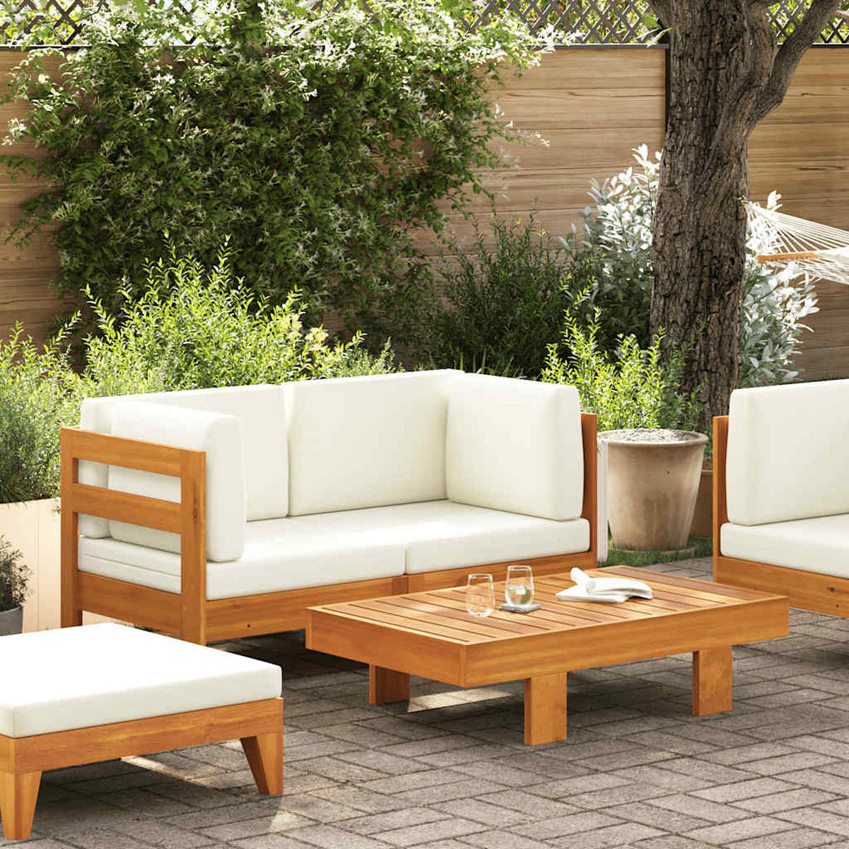 GARTEN-LOUNGE-SET 2-teilig Mit CremeWeißen Kissen Akazienholz - Weiß, Holz - vidaXL