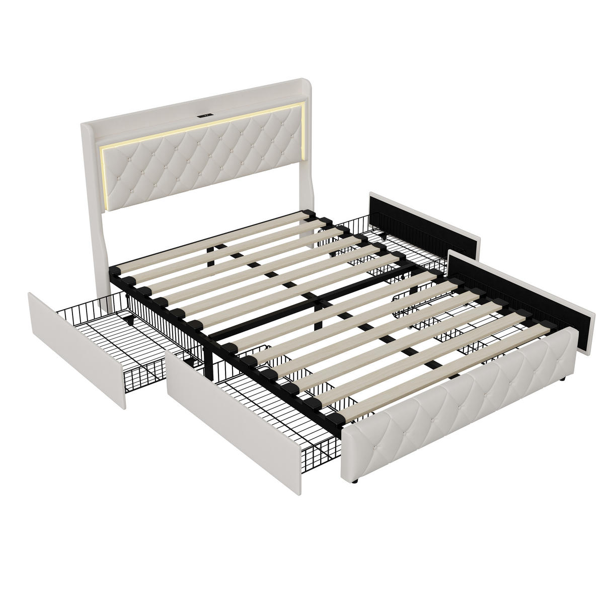 POLSTERBETT 140x190 cm LED USB Stauraum 4 Schubladen Lattenrost beige - Beige, Holz (140/190cm) - LEBENLANG