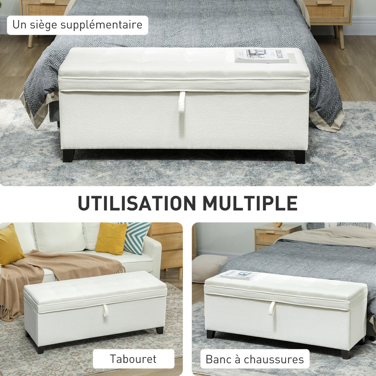 TRUHENBANK DE-16427 mit großem Stauraum (112 L) und Knopfheftung Creme - Weiß, Textil (120/48/40cm) - ComfortXL