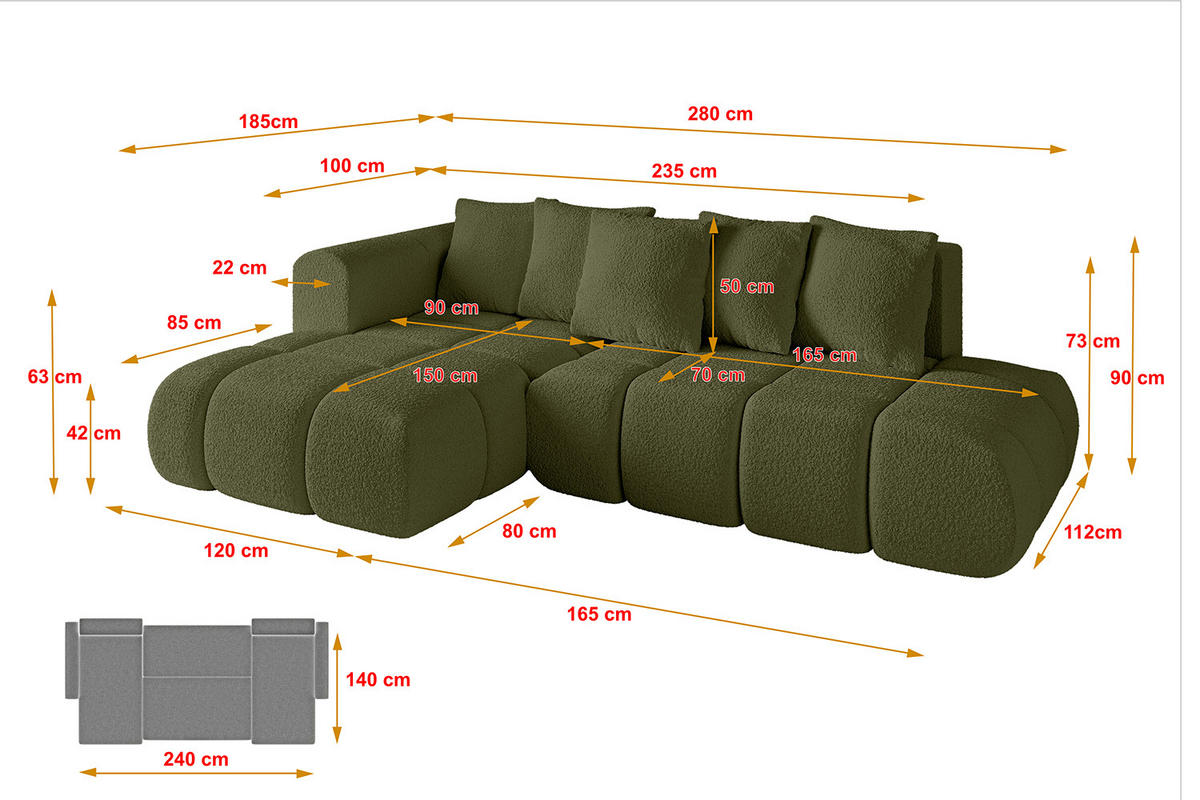 ECKSOFA Ottomane Links CLOUD-L-v1 280x185x90 Grün Bouclé - Grün, Holzwerkstoff/Kunststoff (180/289cm) - ALTDECOR