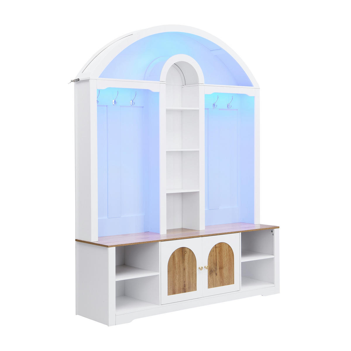 GARDEROBE Flur geschwungenes Design offene Regale LED Hakenleiste multifunktionaler Stauraum - Weiß, Holzwerkstoff/Metall (150/195/40cm) - EVRYAE