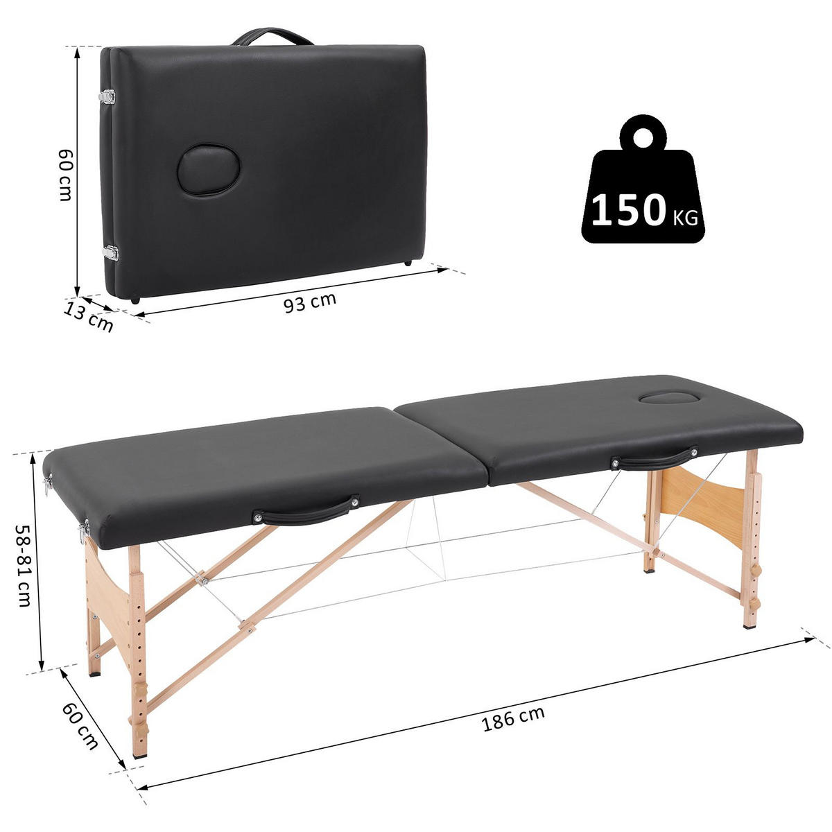 MASSAGELIEGE Mobiler Massagetisch Höhenverstellbar Kosmetik Bank Holz Schwarz - Schwarz, Kunststoff (60/58/186cm) - HOMCOM