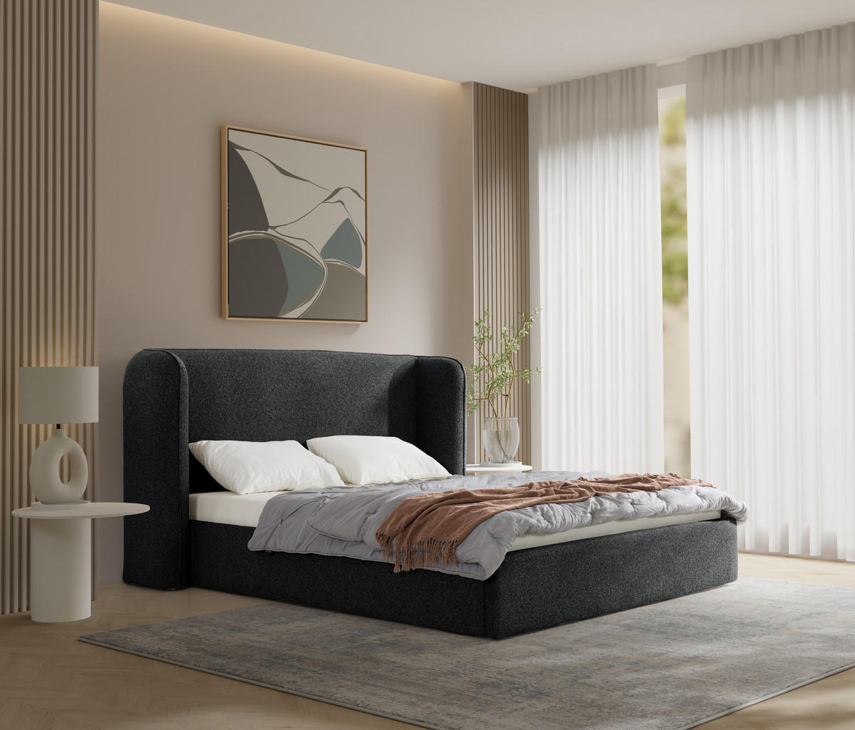 POLSTERBETT mit Bettkasten und Matratze VELUNA, Schwarz, 140x200 cm - Schwarz, Textil (140/200cm) - KS Home Concept