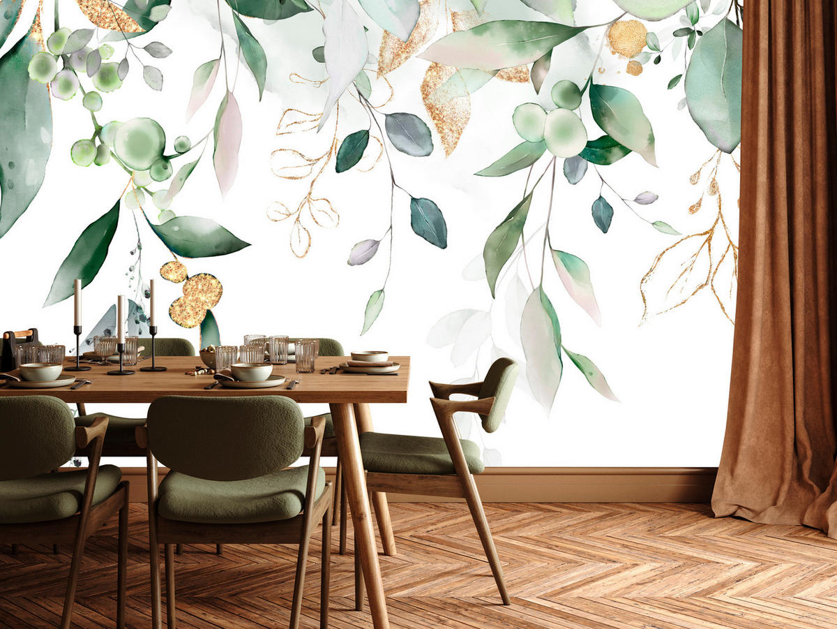 FOTOTAPETE für Schlafzimmer Aquarell Blätter Eukalyptus Weiß 150x105 - Gelb/Weiß, Papier (150/105cm) - Muralo