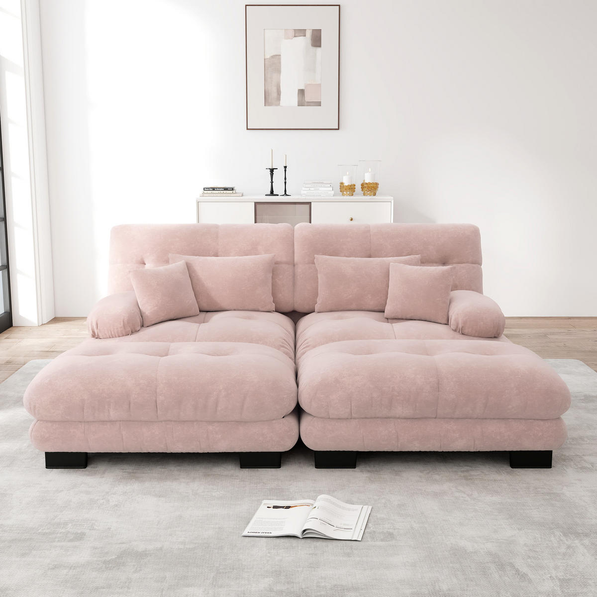 2-SITZER SOFA Chenille Rosa mit Ottomans und Kissen - Rosa, Textil (220/81/145cm) - WISHDOR