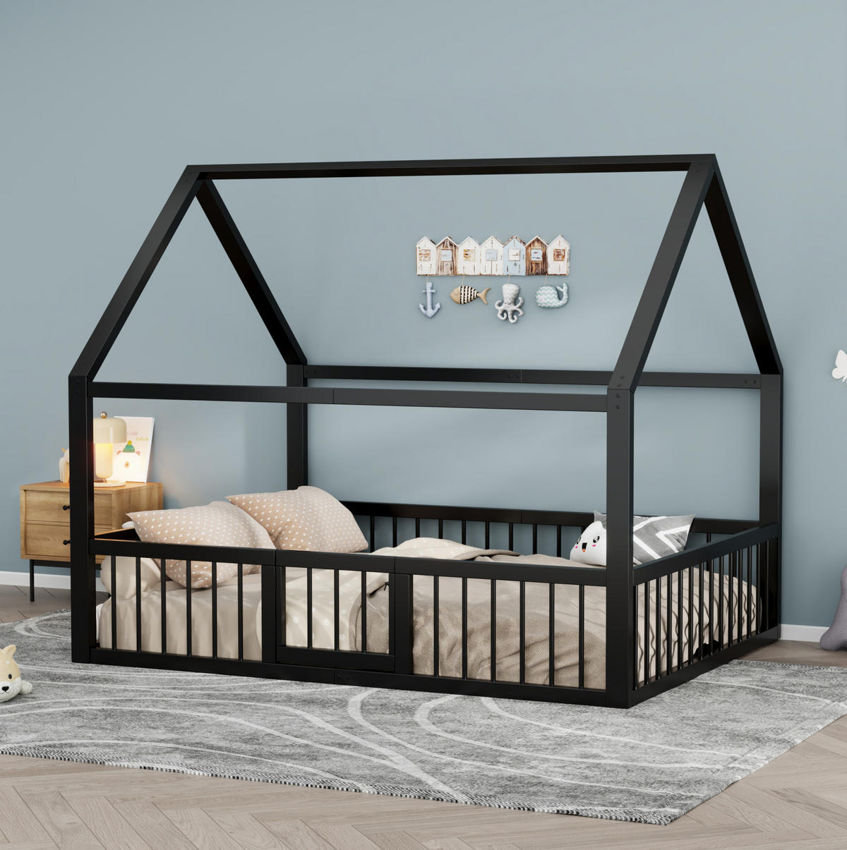 HAUSBETT 140/200 cm Schwarz aus Metall mit Dachdesign - Schwarz, Metall (140/200cm) - OKMYHOME