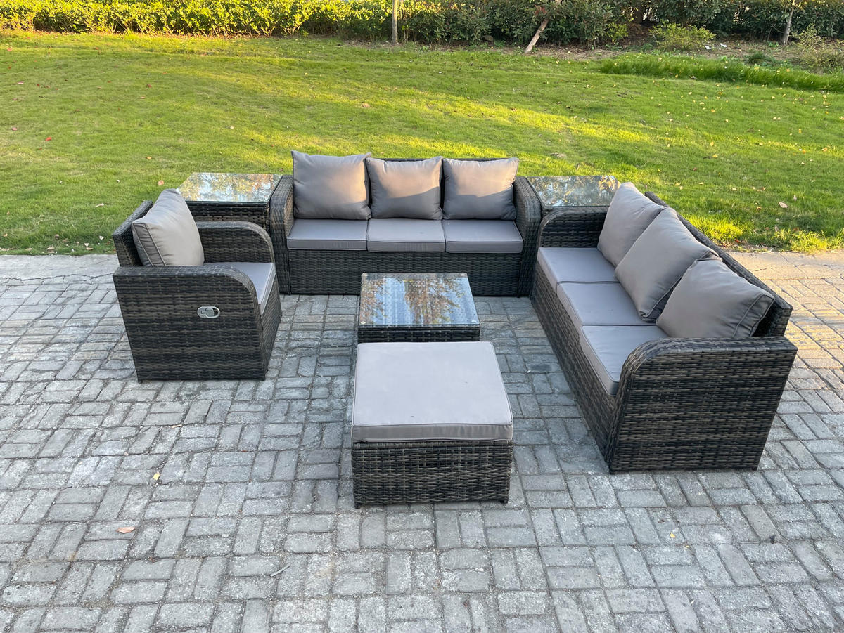 GARTENMÖBEL SET mit 3-SITZER SOFA Polyrattan Dunkelgrau 8-Sitzer - Dunkelgrau/Grau, Glas/Kunststoff - Fimous