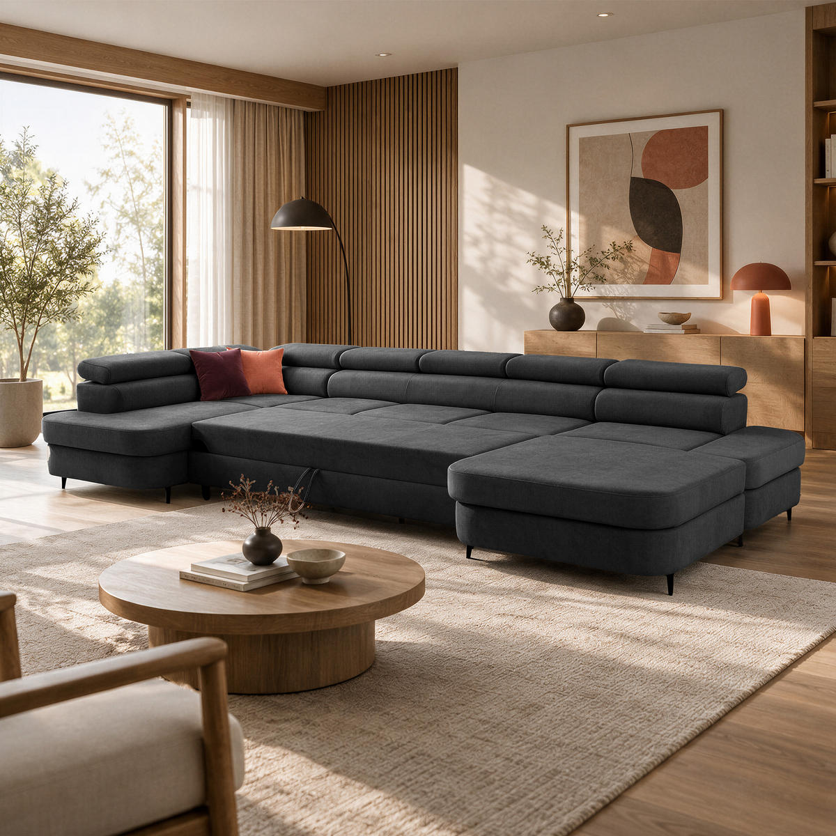 ECKSOFA U-Form PRIAM MAXI U Links mit Schlaffunktion 125x317 Velours Dunkelgrau - Dunkelgrau/Schwarz, Holz/Textil (203/91/400cm) - Muffo