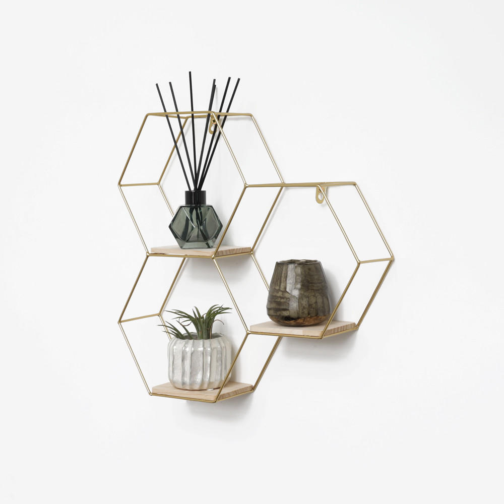 WANDREGAL Dreifaches sechseckiges aus Metall - 40,5 x 41 cm - Gold - Goldfarben, Metall (41/40.5/10.5cm) - IVOL