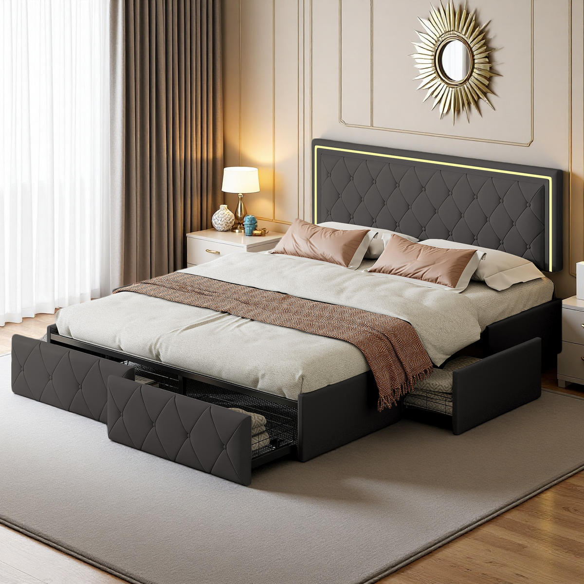 POLSTERBETT 160x200 cm Grau PU LED 4 Schubladen - Grau, Metall (160/200cm) - SHOPENTRA