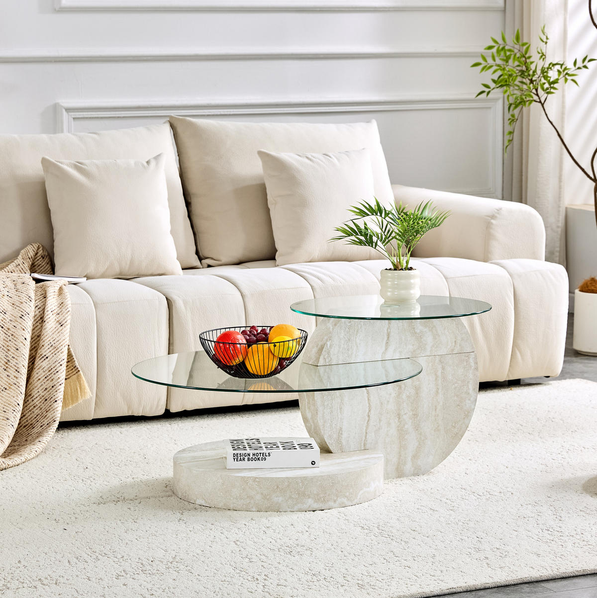 COUCHTISCH 70/70/44 cm mit Sicherheitsglas und mehrstufigen Ablagen in Steinoptik, Transparent - Transparent, Holzwerkstoff (70/70/44cm) - Redom