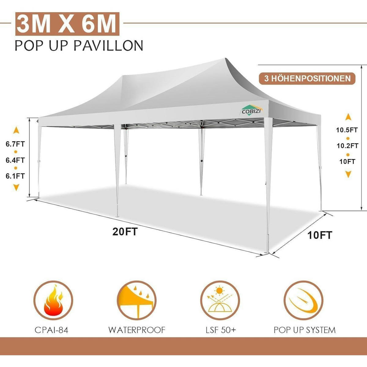 FALTPAVILLON 3 x 6 m Weiß Wasserdicht Höhenverstellbar - Weiß, Textil (300/320/600cm)